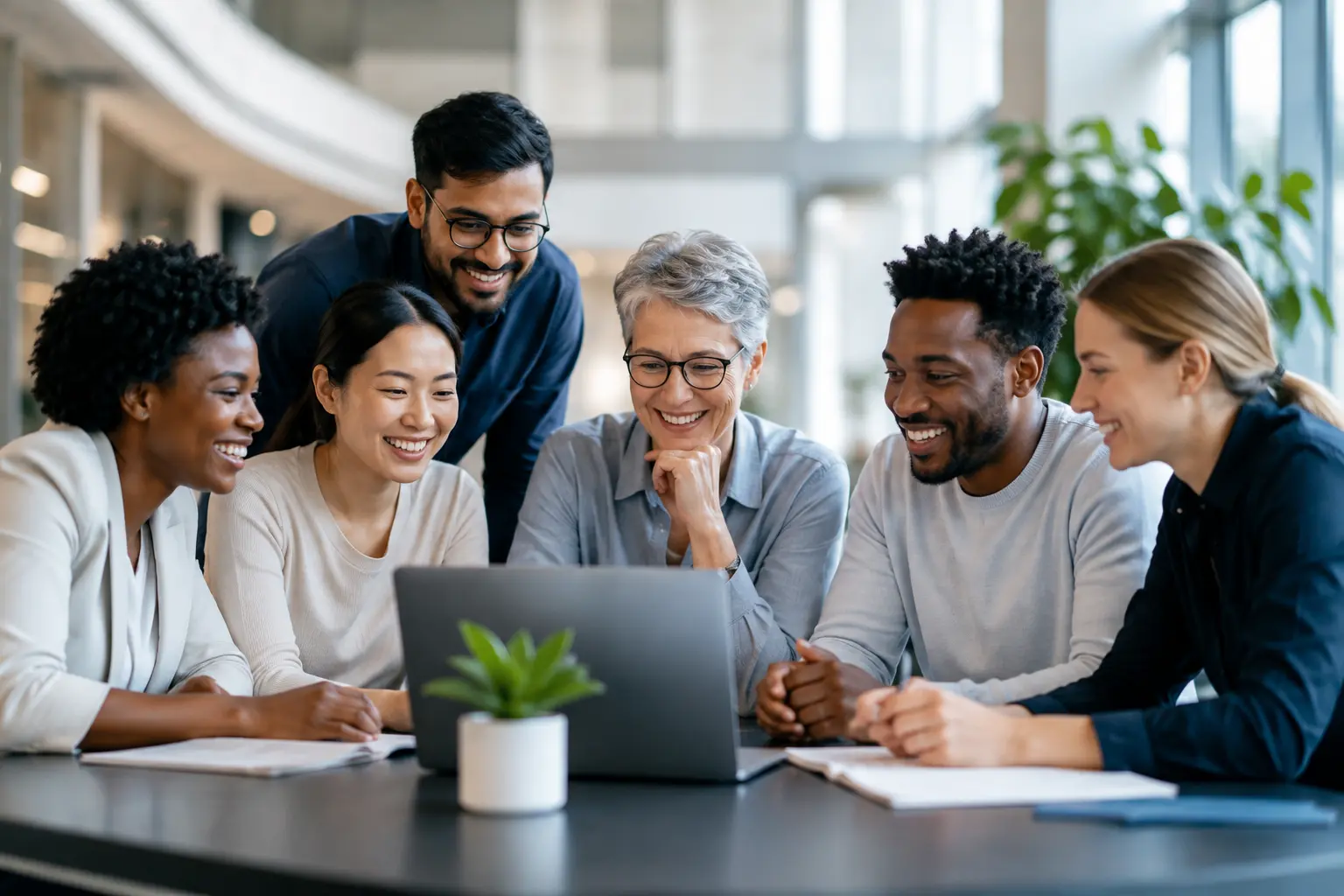 Illustration of the QWay Healthcare team collaborating around a table